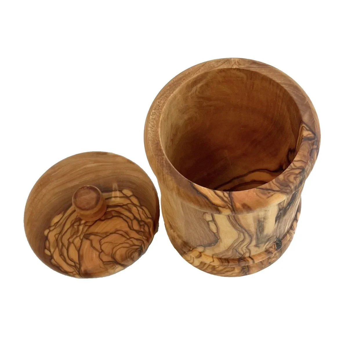 Skål med låg udført i oliventræ, diameter 7,5 cm, højde 12 cm
