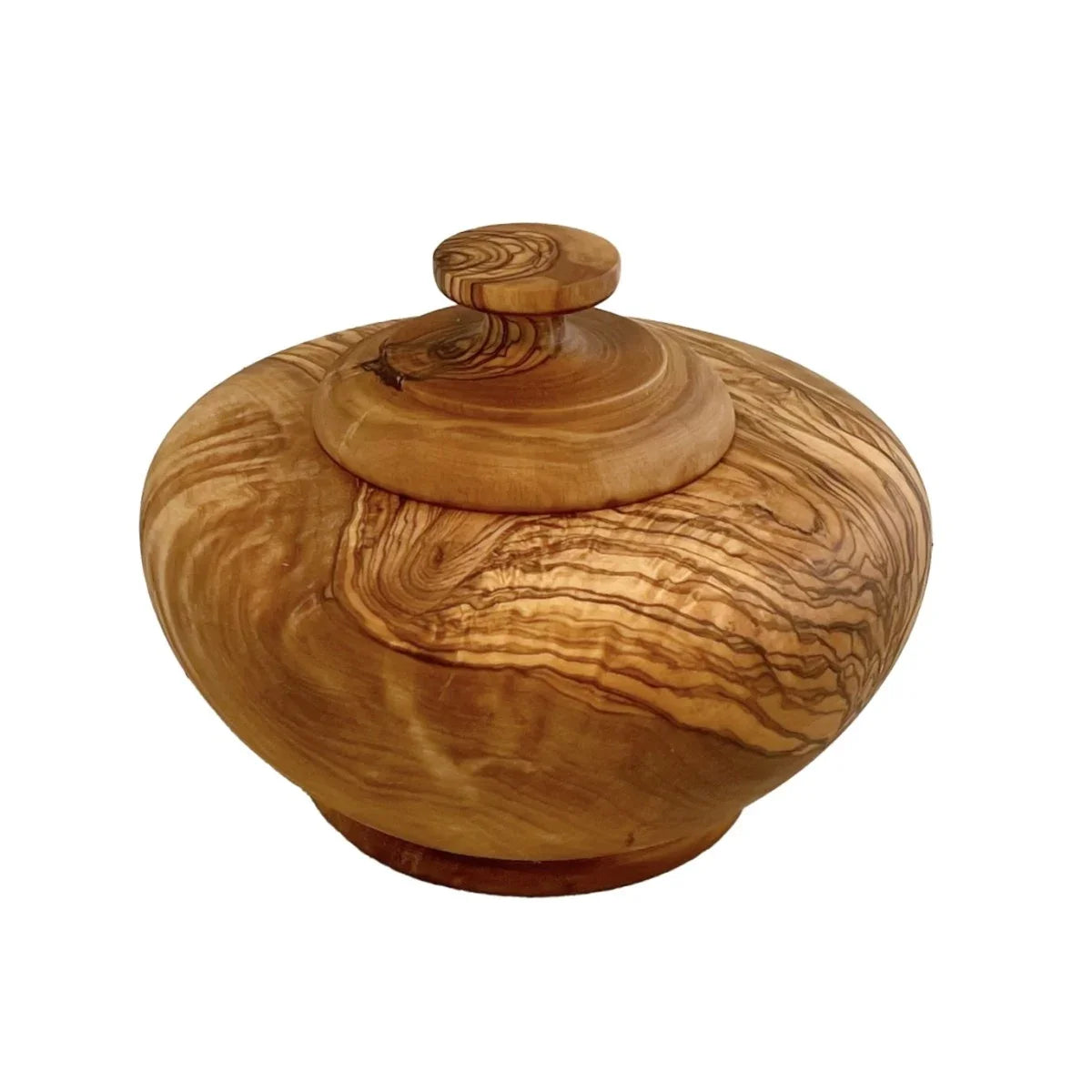 Skål med låg i oliventræ, diameter 14 cm, højde 12 cm NYHED