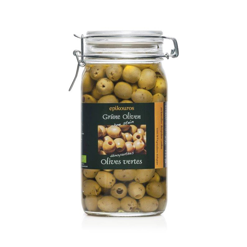 Økologiske grønne oliven uden sten, uopvarmede – 1,5 kg