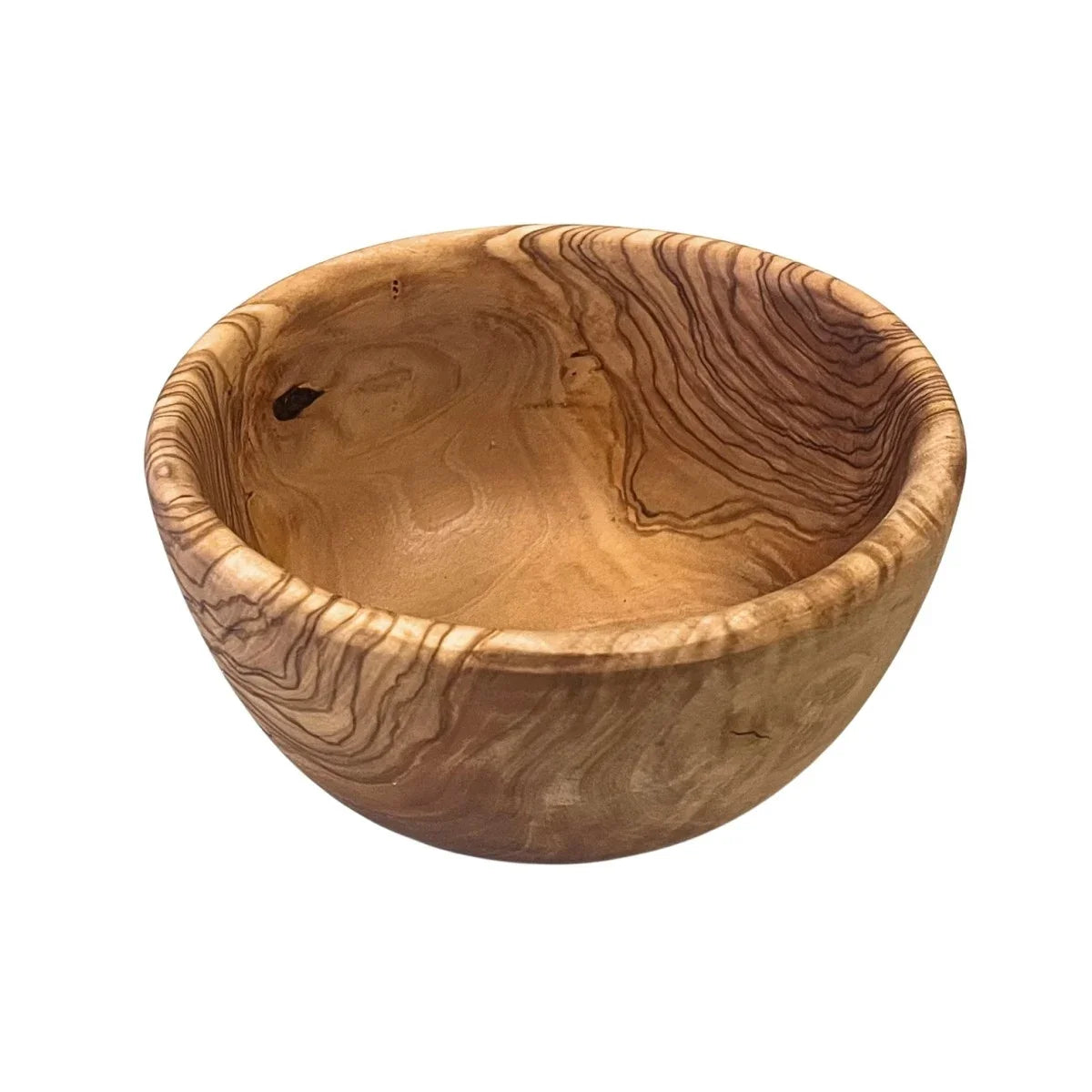 Rund drejet skål, diameter 17-18cm, dybde 7-8 cm i oliventræ