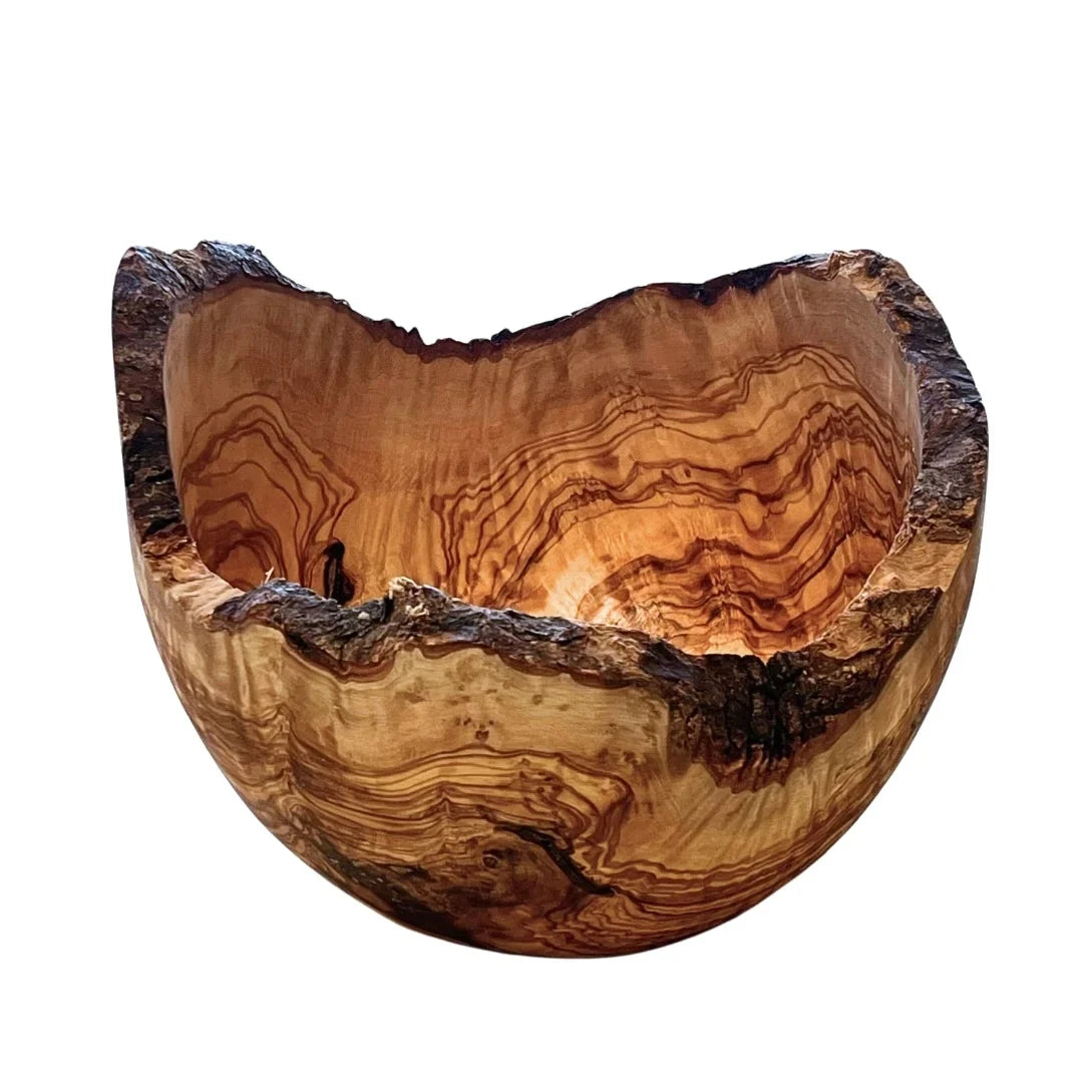 Rustik drejet skål i oliventræ diameter 24 cm, højde 9-17 cm