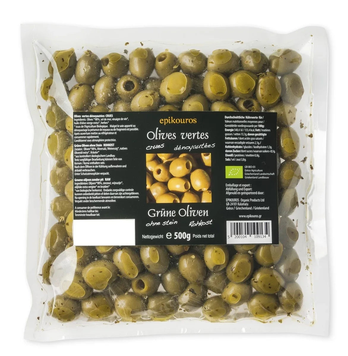 Økologiske grønne oliven uopvarmede – 500 g
