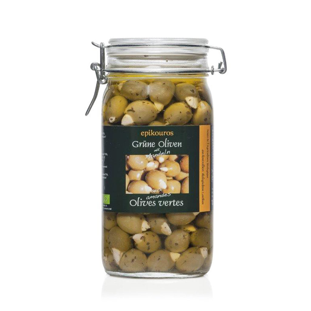 Økologiske grønne oliven med mandler, uden sten, uopvarmede – 1,5 kg