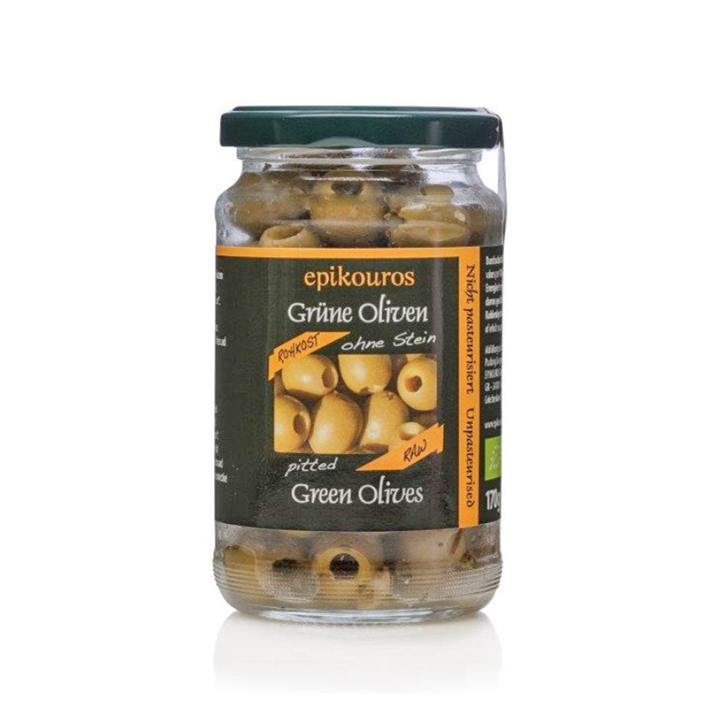 Økologiske grønne oliven uden sten, uopvarmede – 170 gram